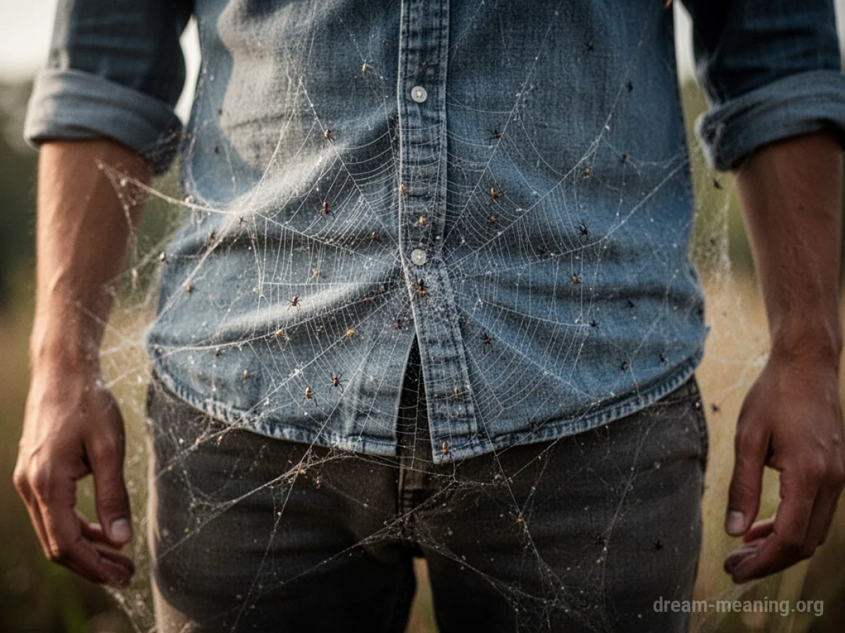 A spider web covering a person's clothing.