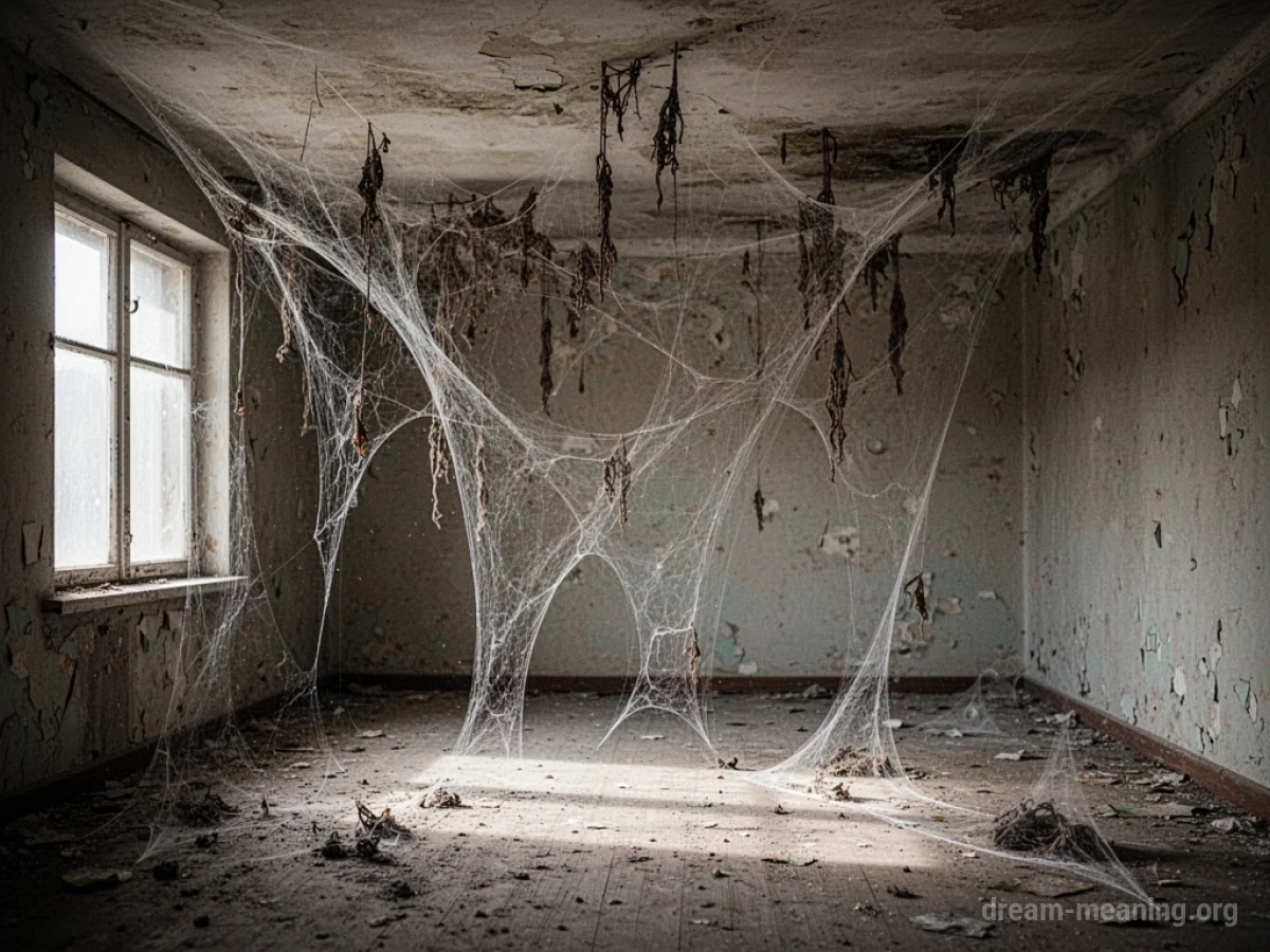 Cobwebs draped from a ceiling.
