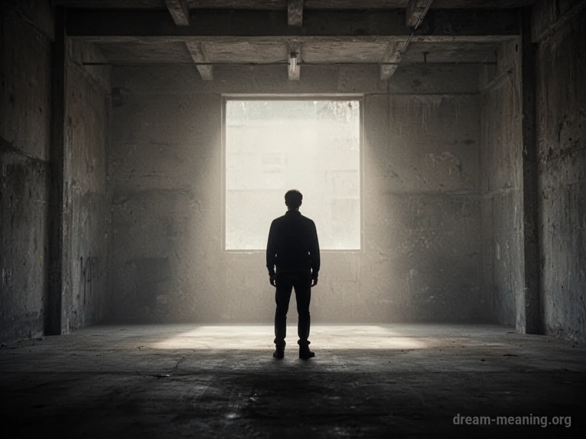 A solitary silhouette in a large, empty, dimly lit space.