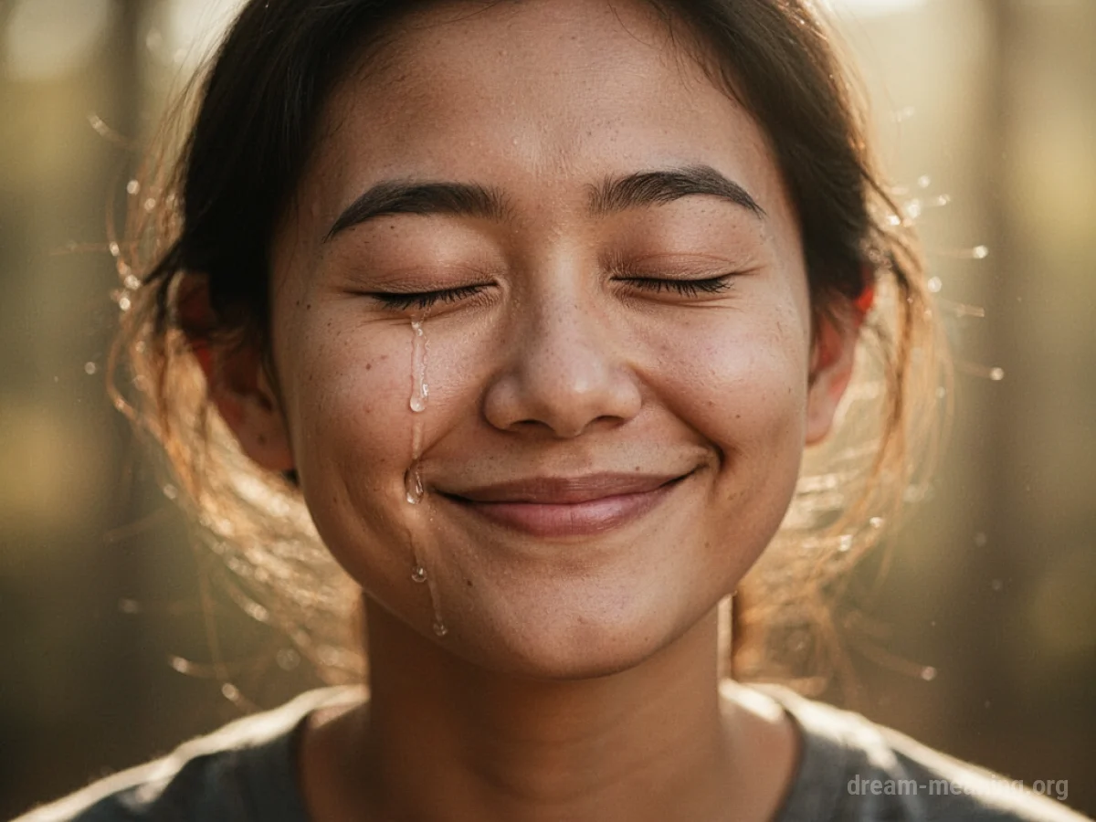 A person smiling with eyes closed as a single tear falls.