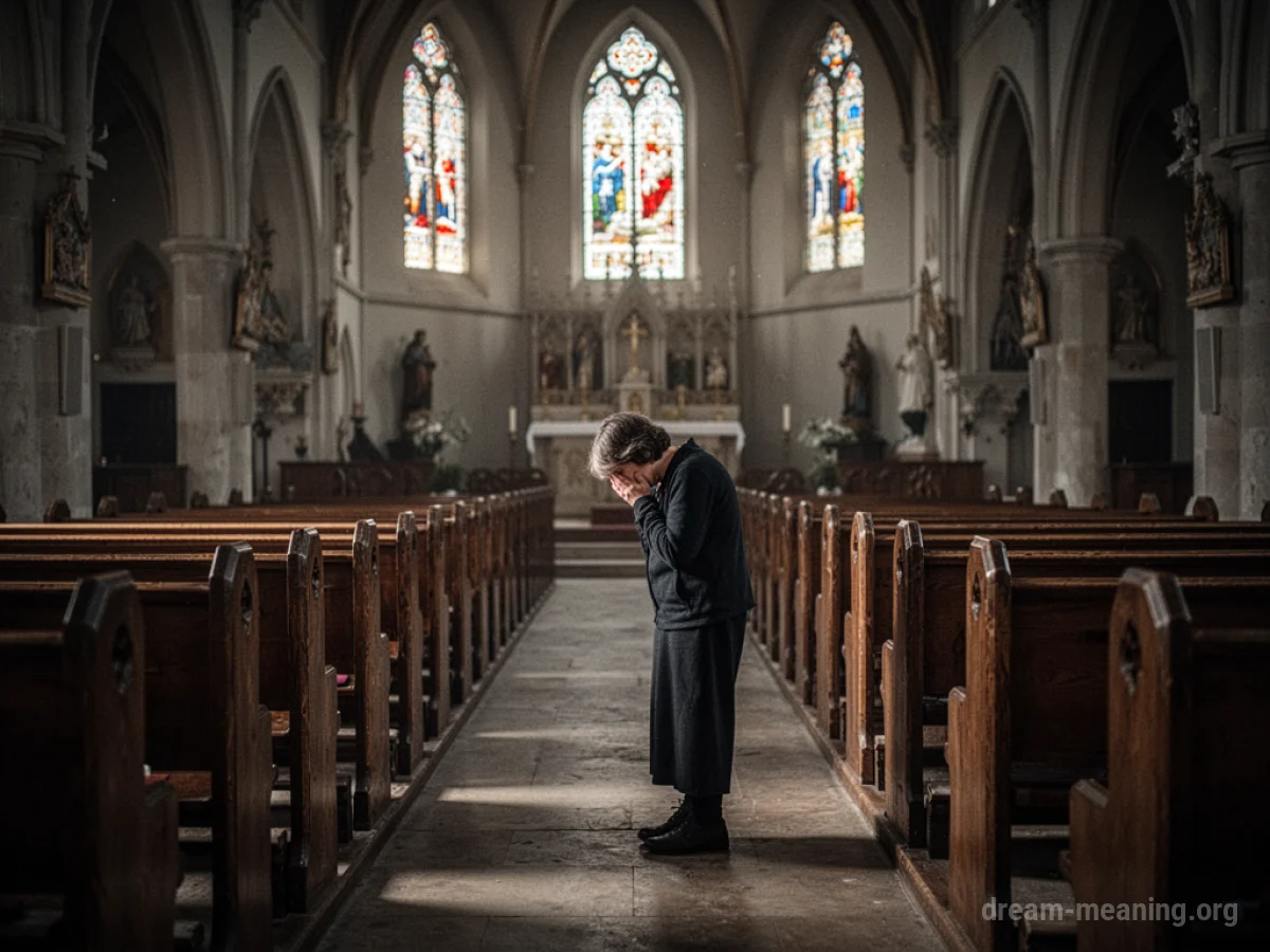 A person crying alone in a church pew.