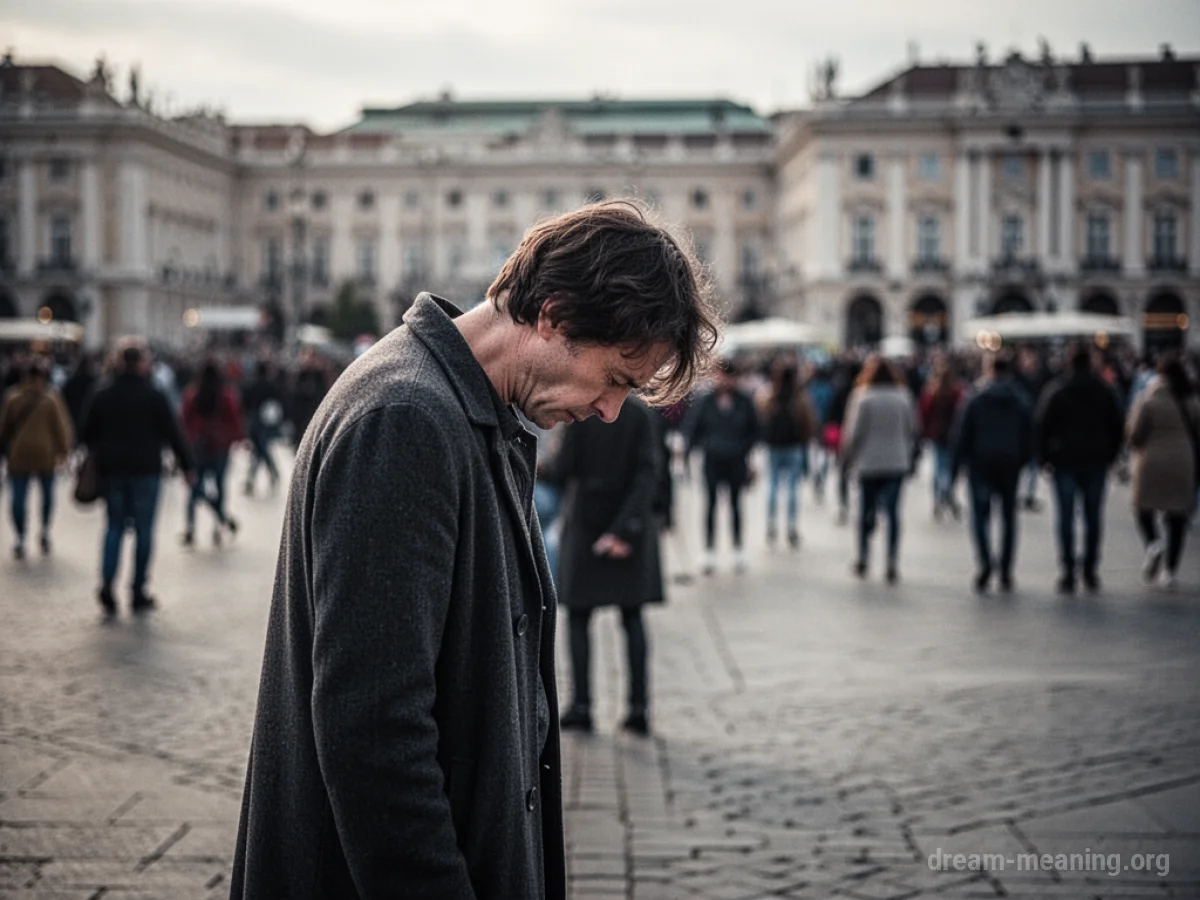 A silhouette of a person crying alone in a crowded, out-of-focus public space.