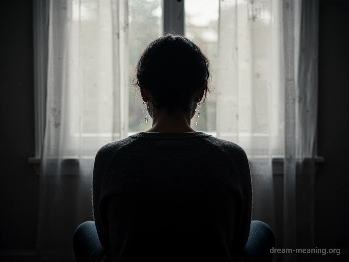 Silhouette of a person sitting alone, facing away, with faint tears.