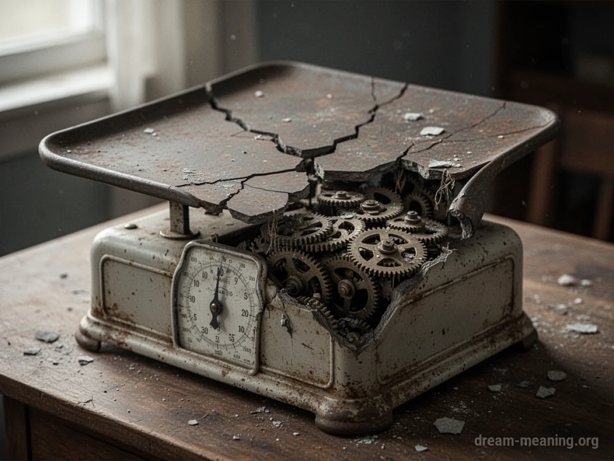 A broken weight scale with visible internal mechanisms