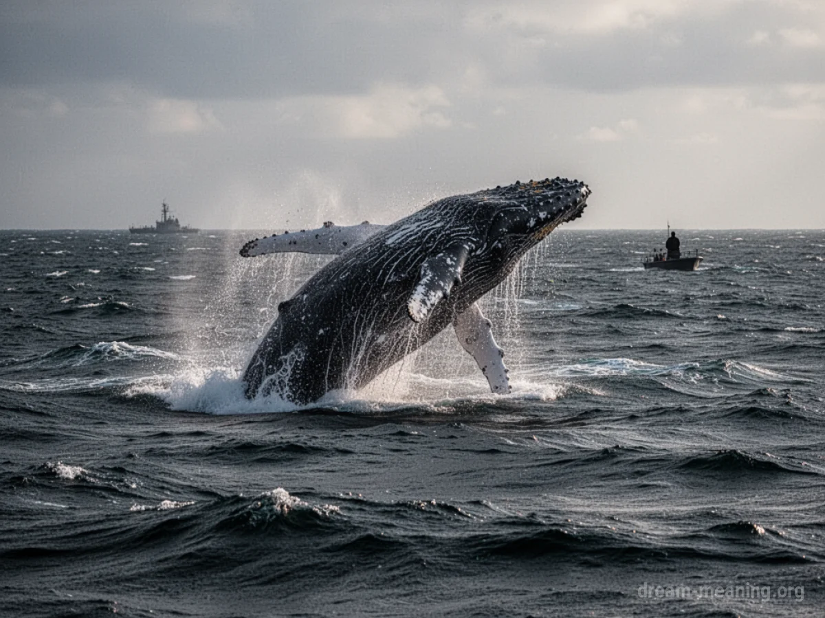 A large whale in dark water with a distant boat.