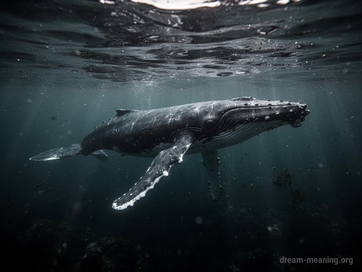 A whale's back and tail fin visible above dark, still water.