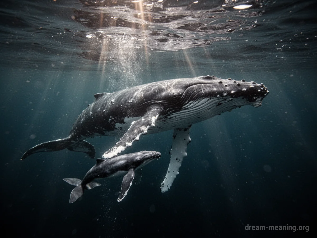 A large whale with a small calf near the surface of the ocean.