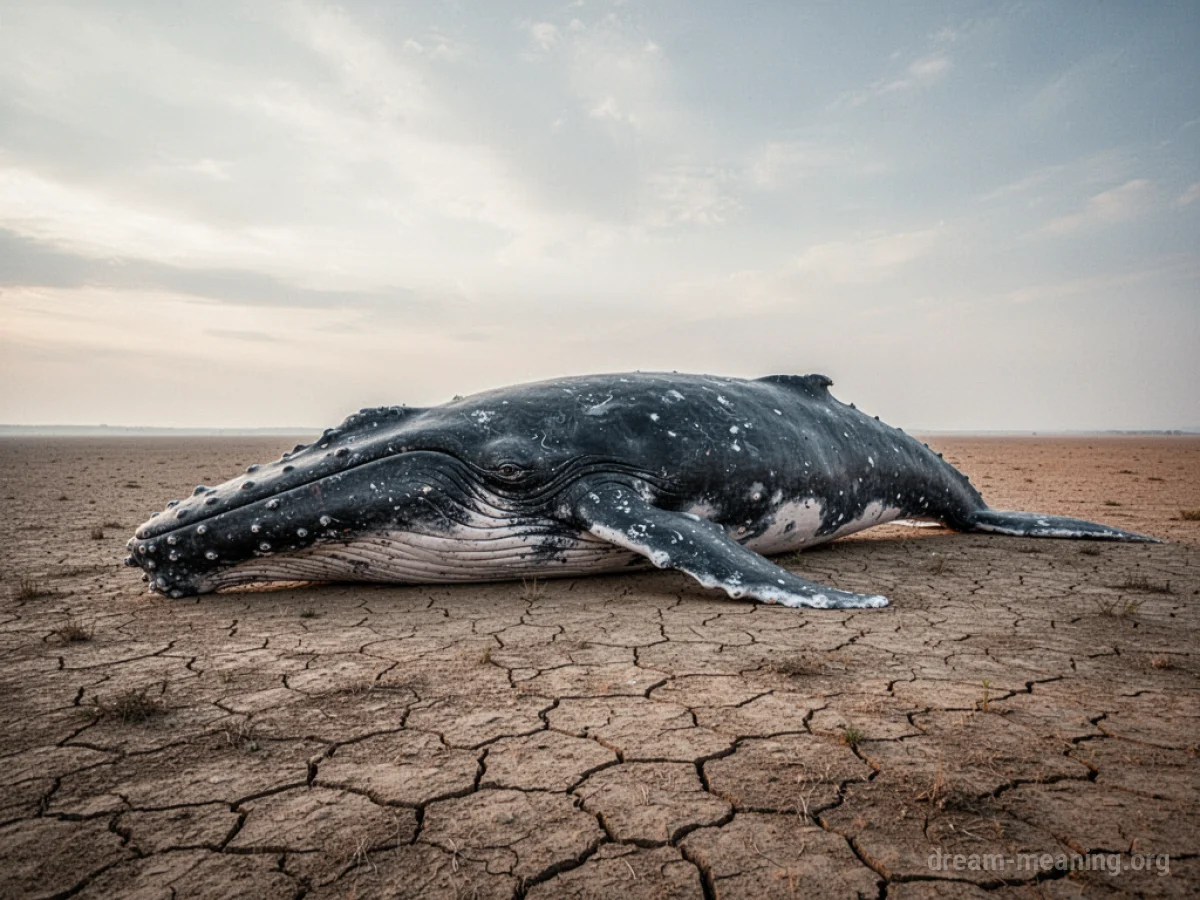 A large whale beached on dry, cracked ground.