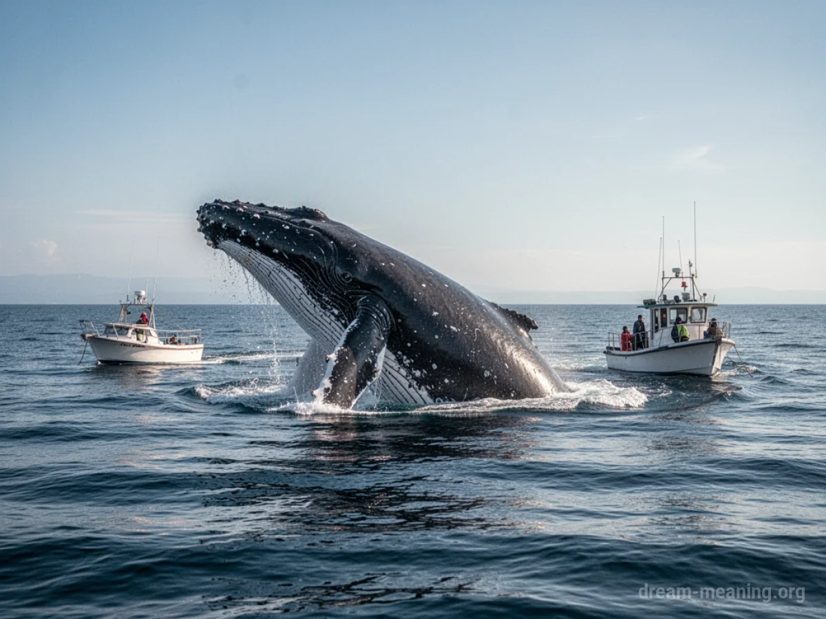 A large whale swimming alongside a small boat on the ocean.