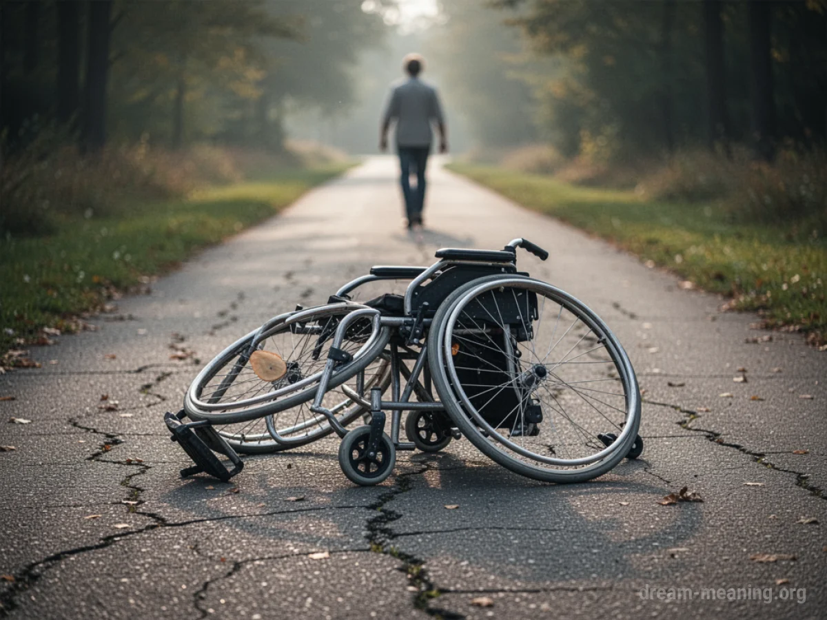 An overturned wheelchair on a broken road with a distant, out-of-focus person.