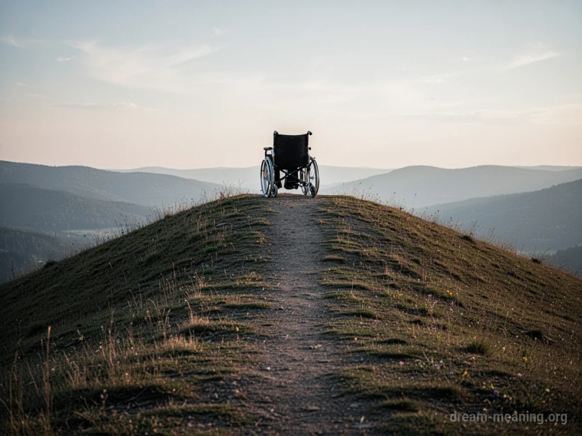 A solitary wheelchair at the crest of a downward slope.