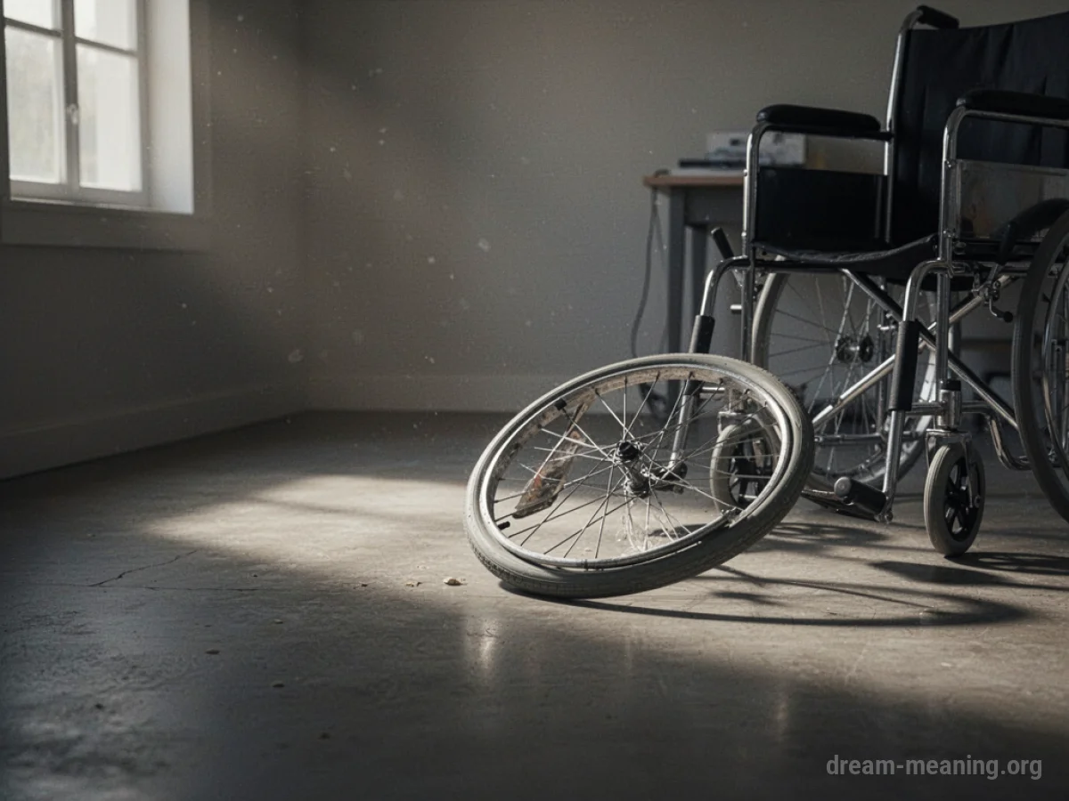 An empty space with an overturned wheelchair wheel.