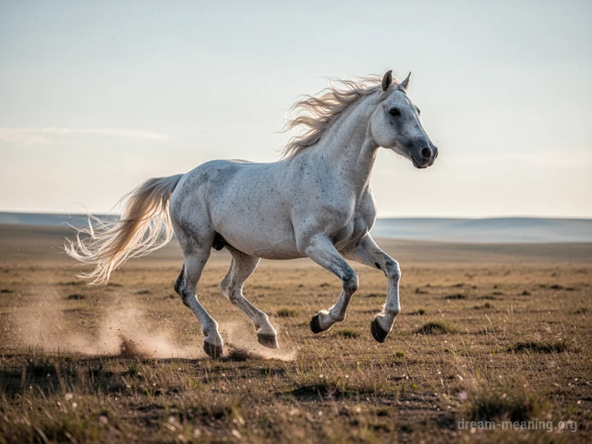 A white horse running with its mane flowing.