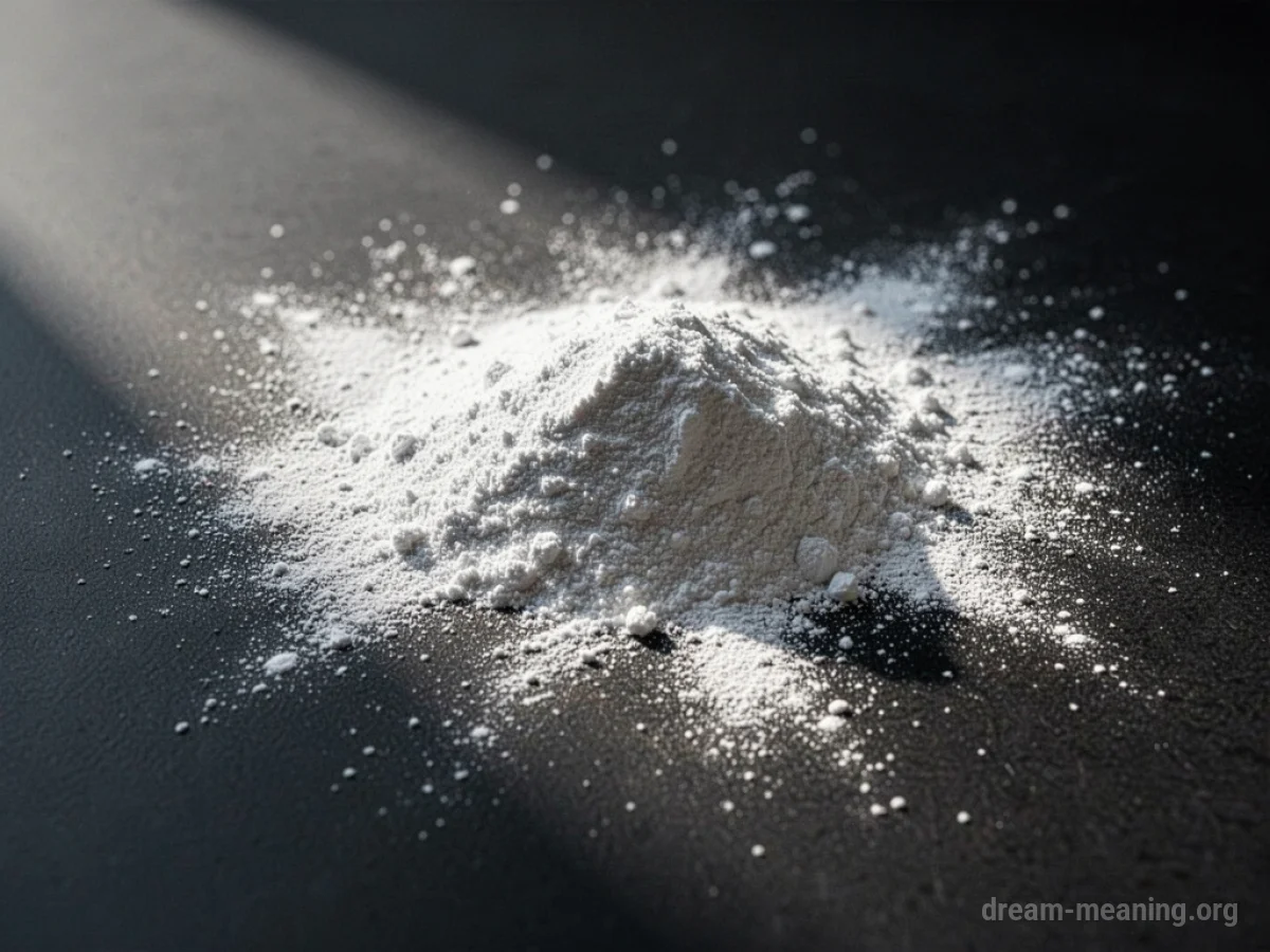 A fine white powder is spread thinly on a dark surface, with a shadow partially obscuring it.