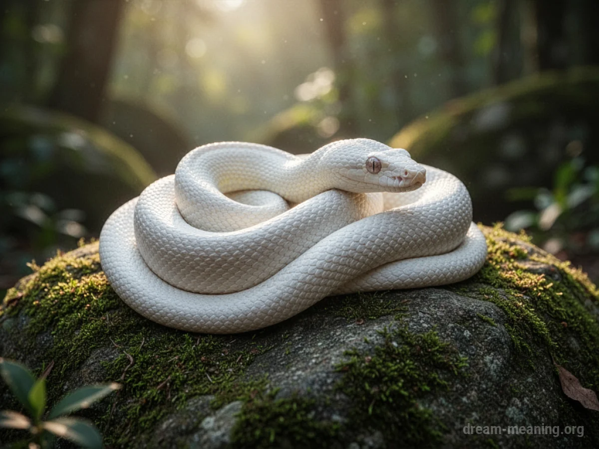A white snake coiled on a rock.