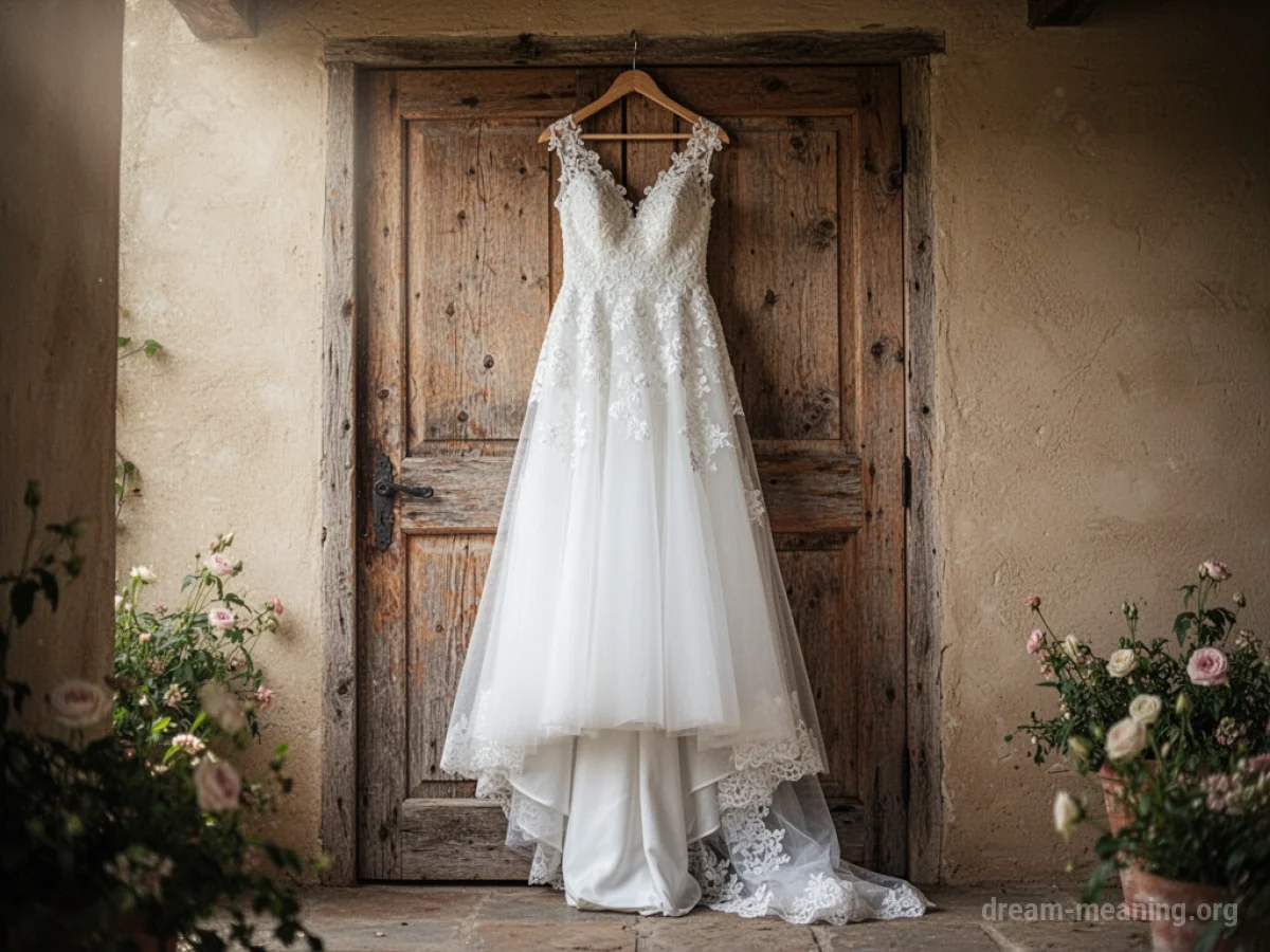 A white wedding dress hanging on a wooden door.