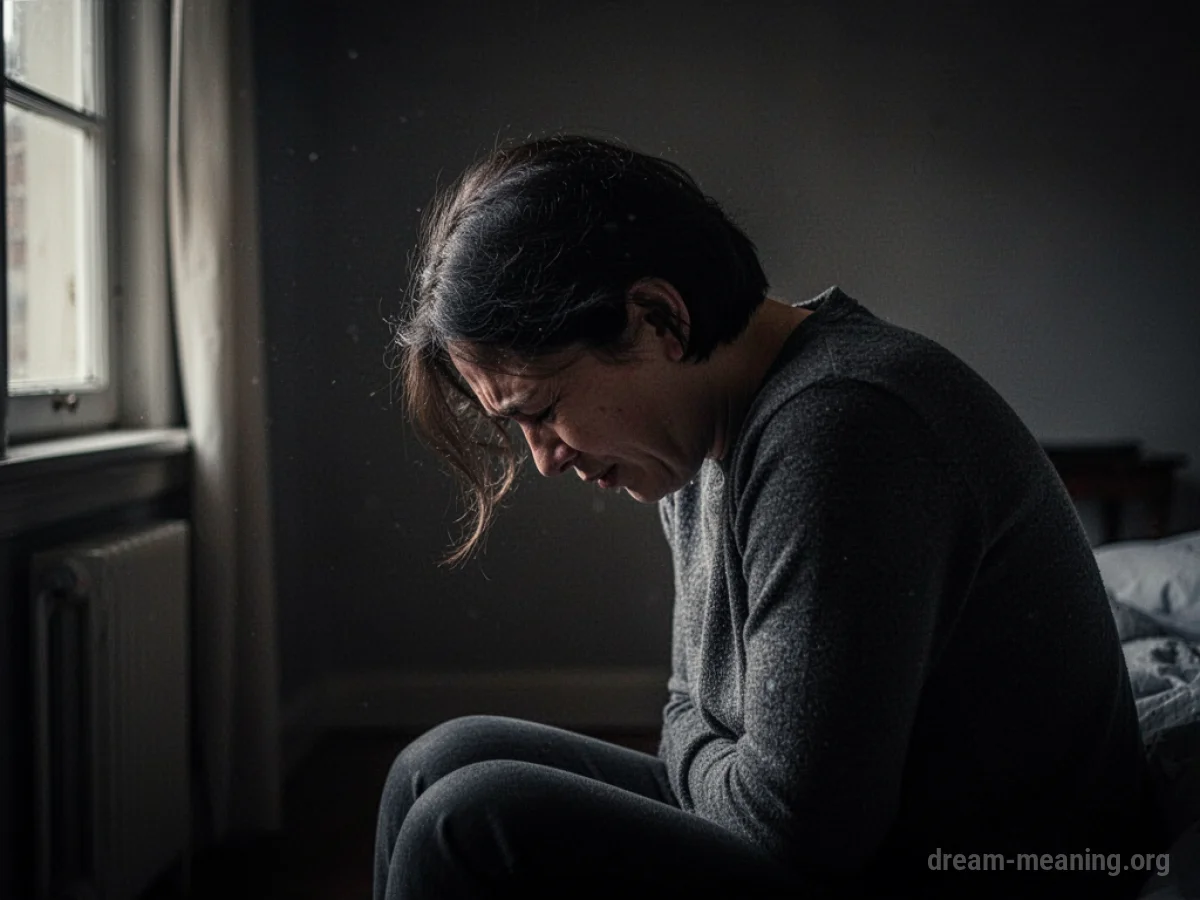 A silhouette of a person crying in a dimly lit room.