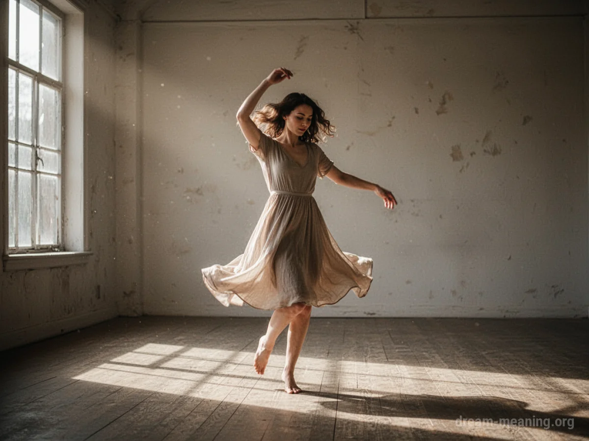A woman dancing alone in a bright room.