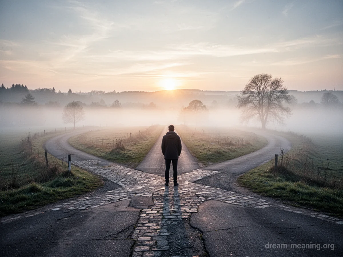 A person stands at a fork in the road, with one path illuminated by sunlight and the other obscured by fog.