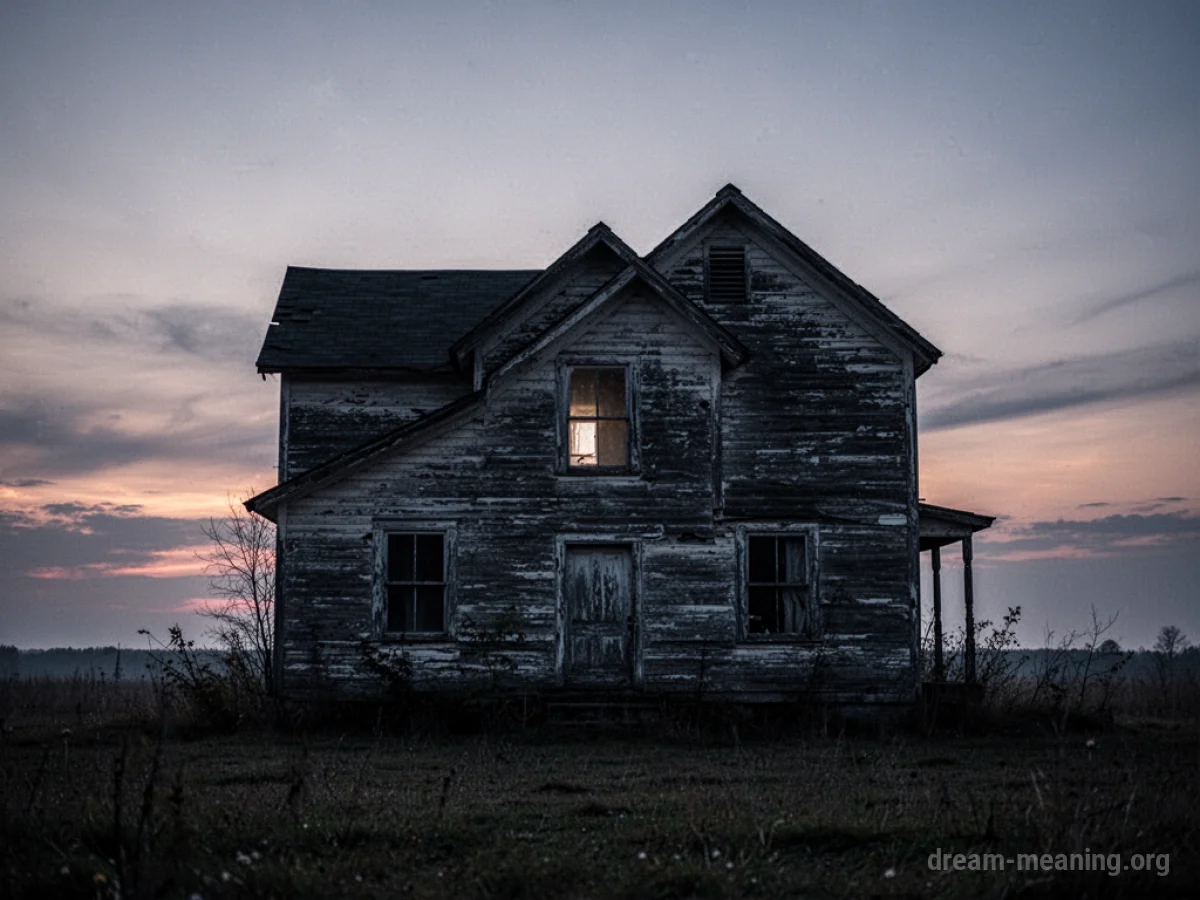 A lone, old house at dusk with a single light on.