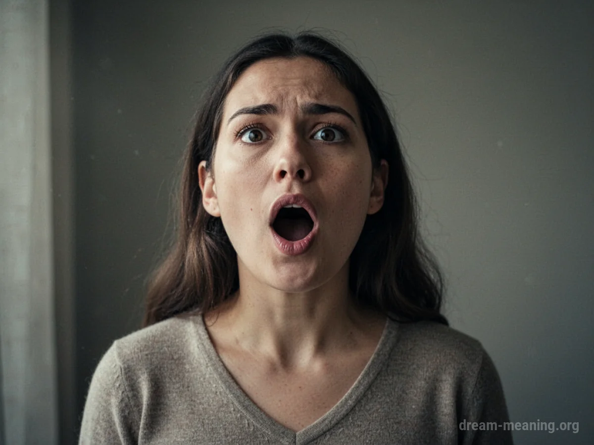 A woman's face with her mouth open, appearing to speak silently.