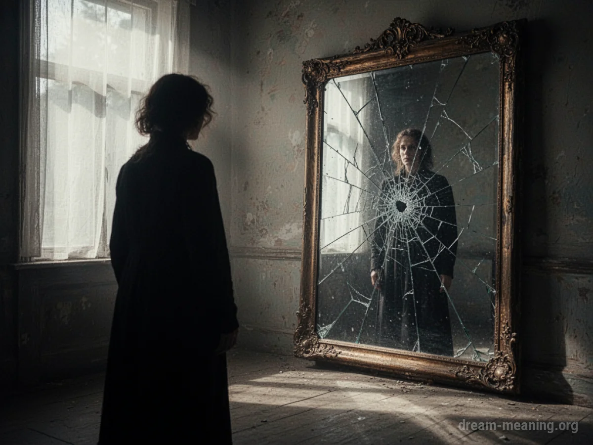 A silhouette of one person facing away from another, with a broken mirror between them.
