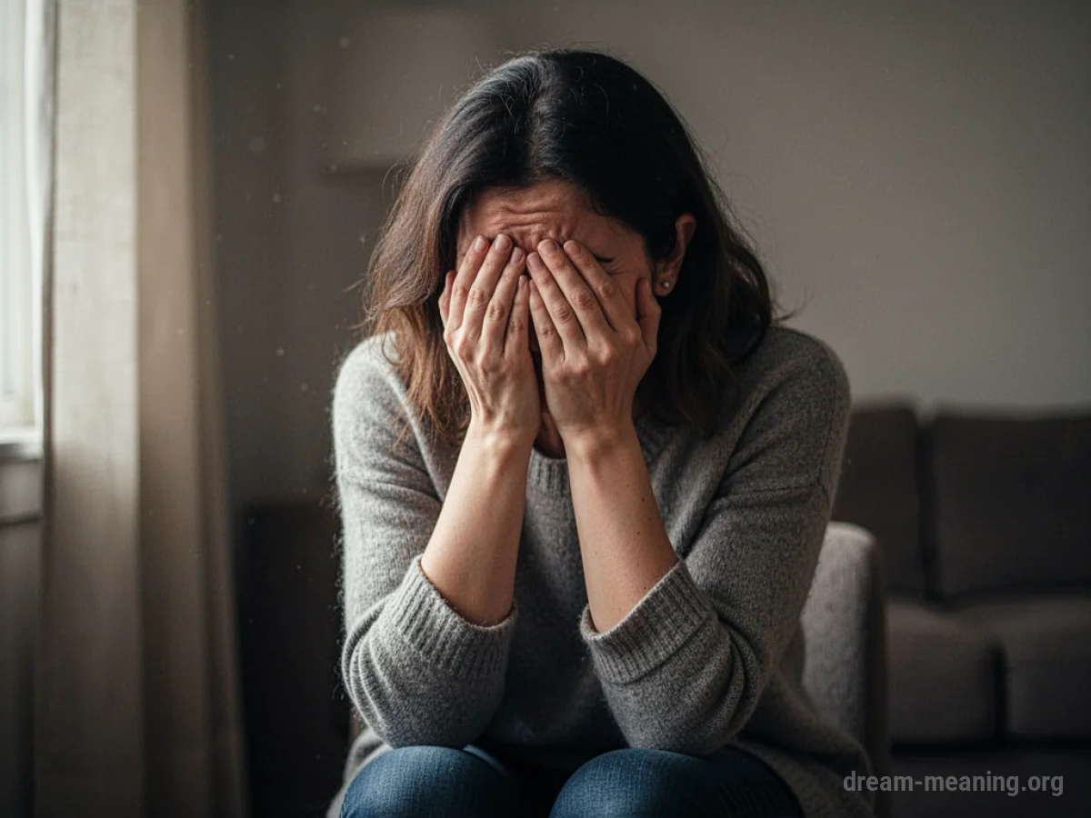A woman is sitting with her head in her hands.