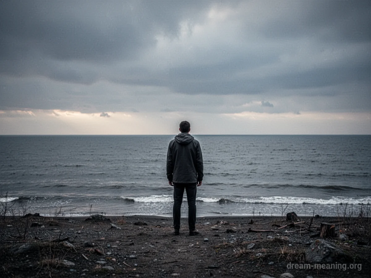 A lone person on a beach facing a large, empty ocean.