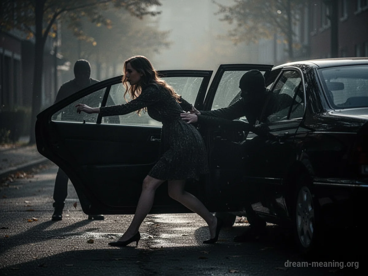 Silhouette of a woman being taken away by a shadowy figure.