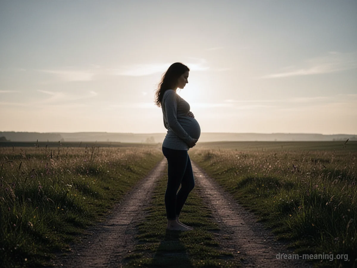 Silhouette of a pregnant woman facing a distant, bright horizon.