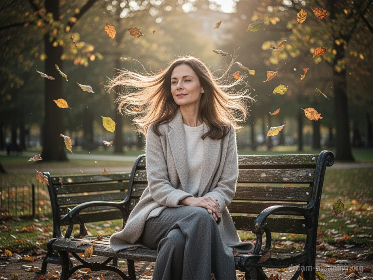 A woman sitting peacefully on a park bench.