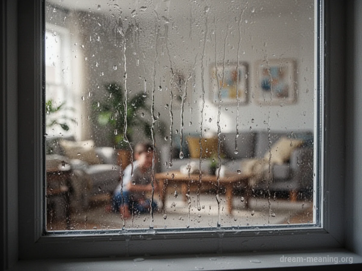 Water dripping down the inside of a glass window pane.