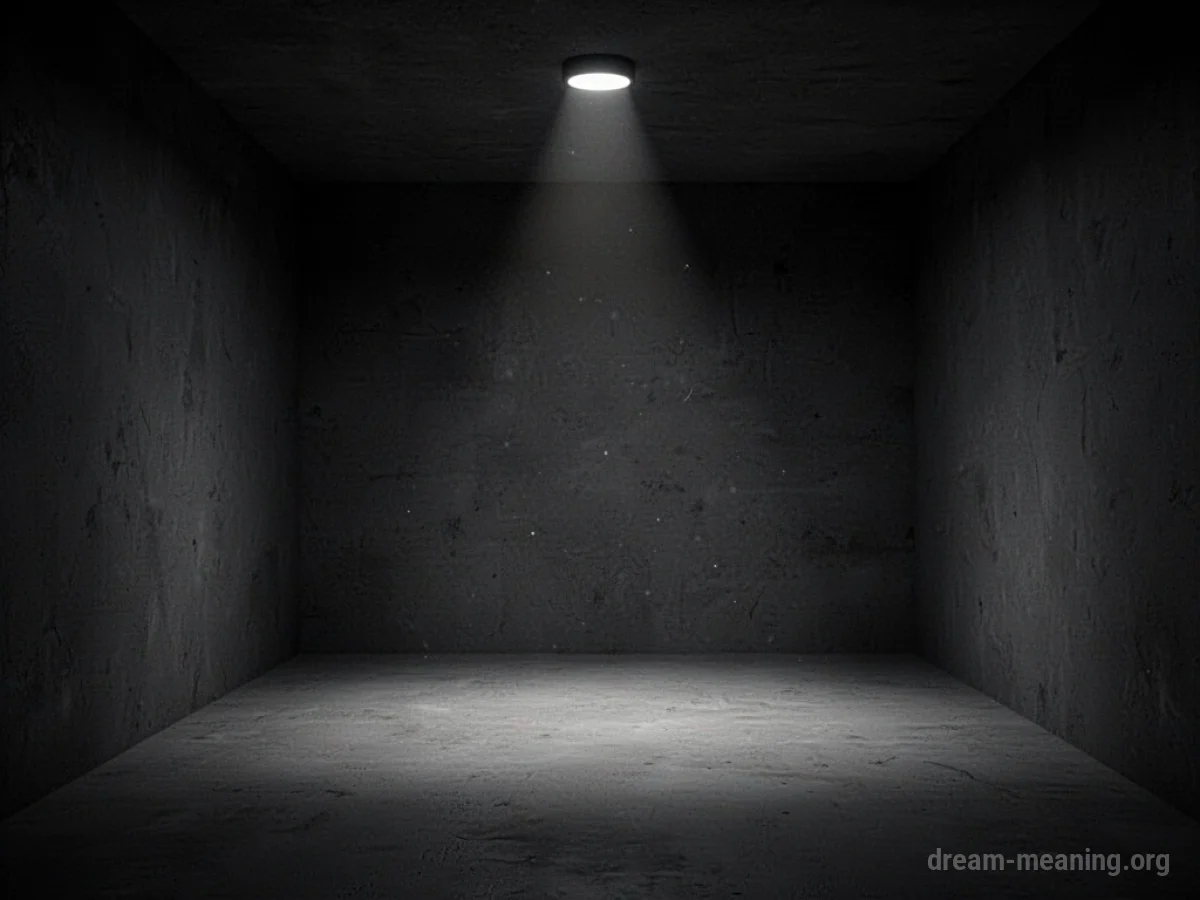 Interior of a dark, empty room with plain walls and no windows.