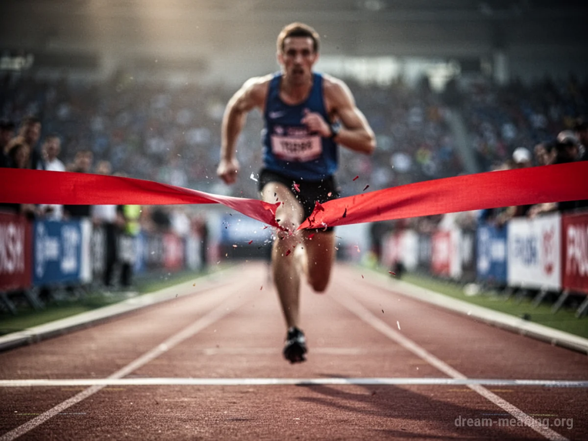 A close-up of a finish line ribbon snapping as a runner crosses.