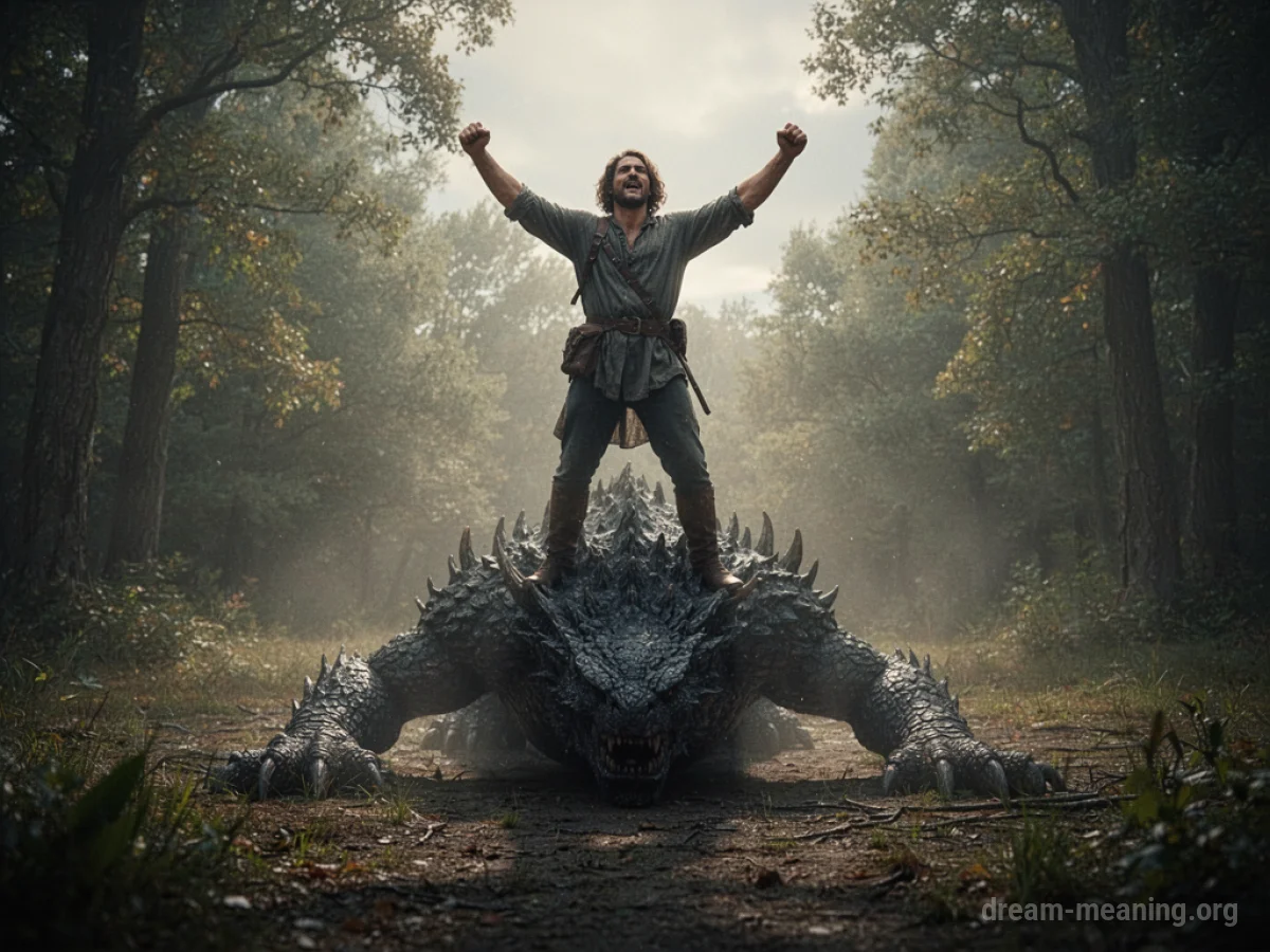 A person standing victorious over a dark, amorphous shape.