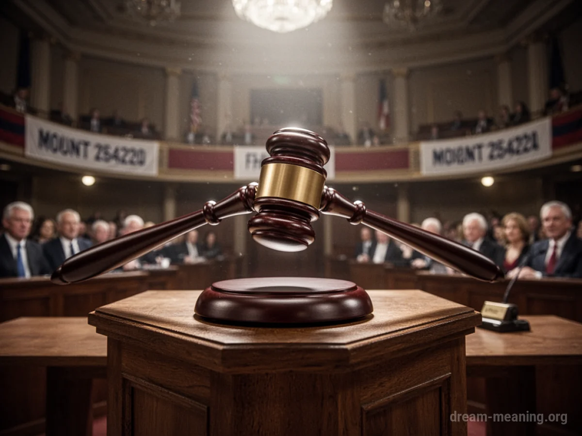 A wooden gavel poised to strike a sounding block.