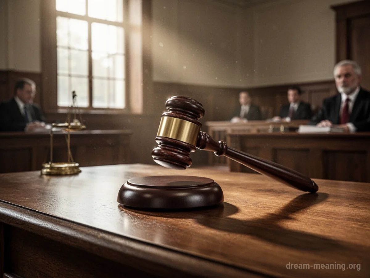 A gavel poised above a sounding block on a courtroom desk.