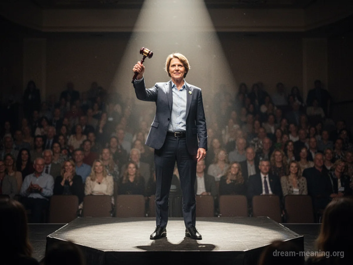 A person stands on a stage under a spotlight holding a gavel.
