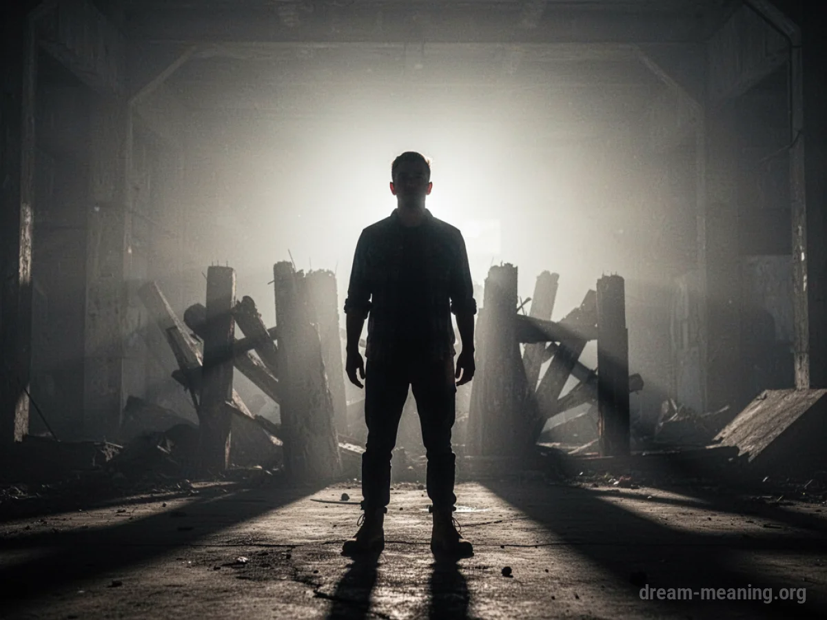 Silhouette of a person walking towards a bright light, with shadowy barriers behind them.