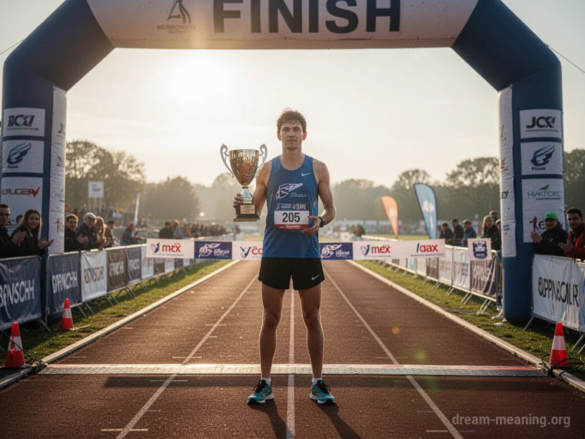 A person holding a trophy at a finish line.