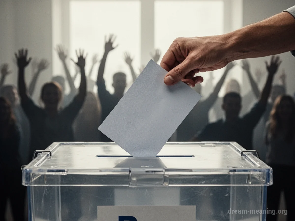 A hand dropping a ballot into a box with a blurred crowd in the background.