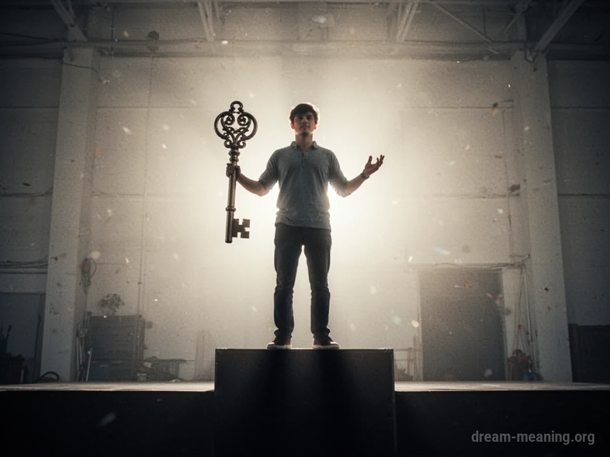 Silhouette of a person on a platform holding a key.