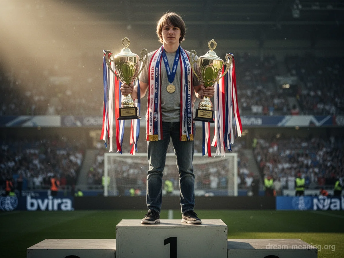 A person holding several trophies and ribbons while standing on a podium.