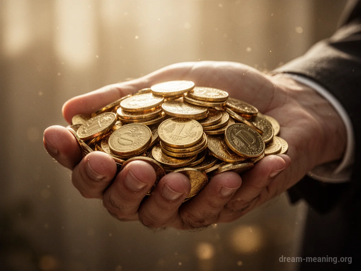 A hand holding a stack of gold coins.