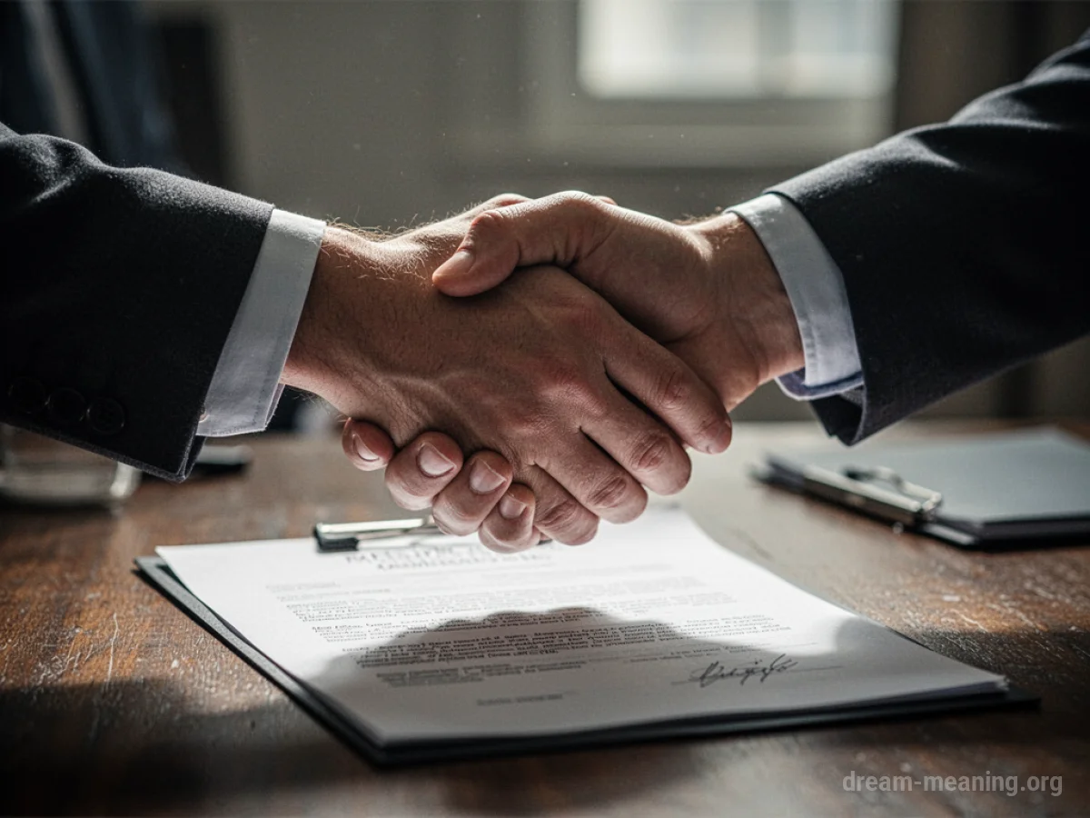 Two people shaking hands over a document.