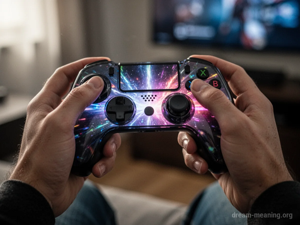 Hands holding a video game controller with a bright screen reflection.