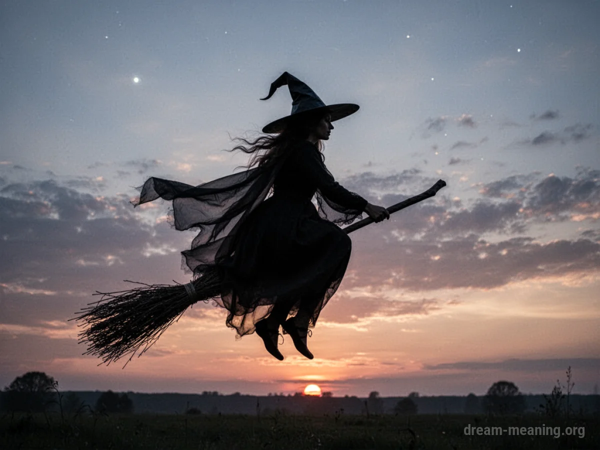 Silhouette of a witch on a broomstick flying in the night sky.