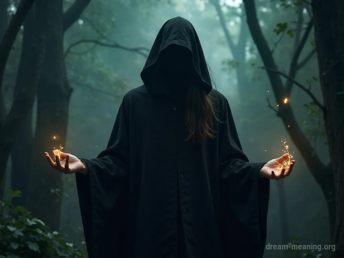 A shadowy figure in dark robes casting a spell with green light.