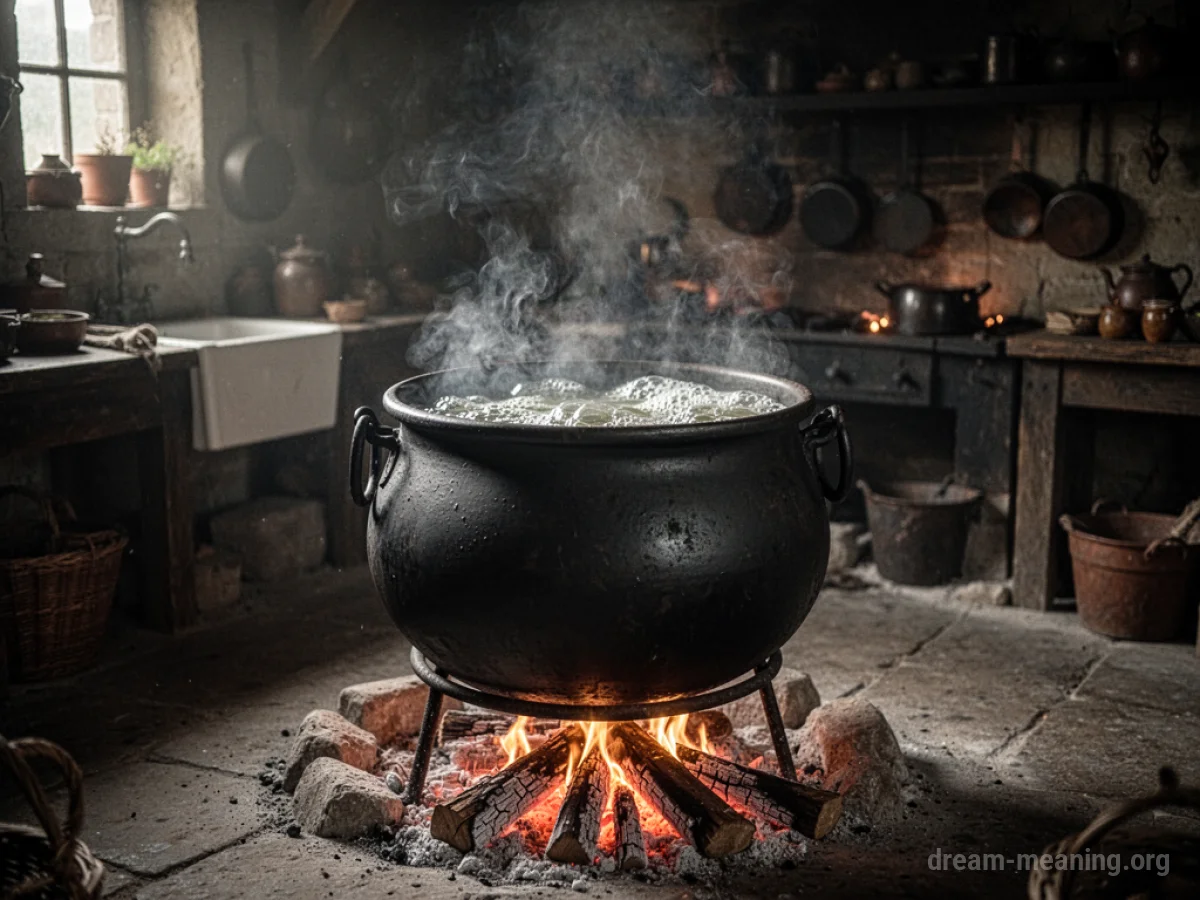 A dark, bubbling cauldron on a fire.
