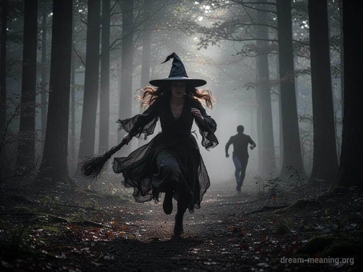 Silhouette of a person running from a shadowy witch figure in a dark, misty forest.